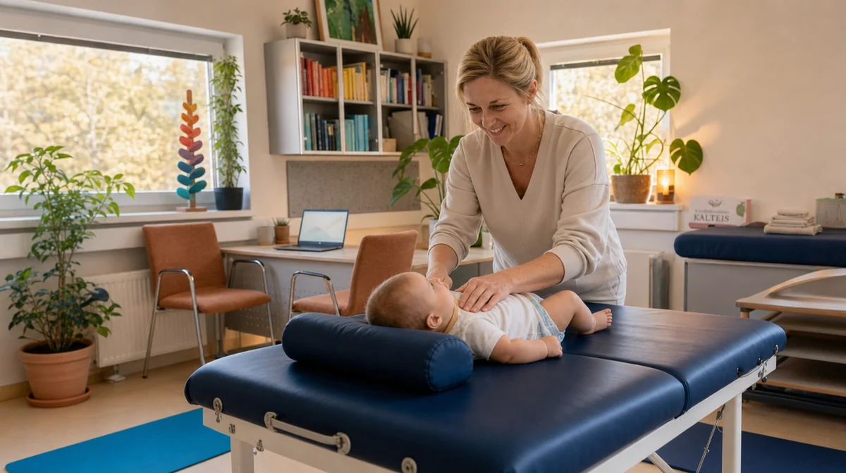 Therapeutin behandelt ein Baby auf der Therapieliege